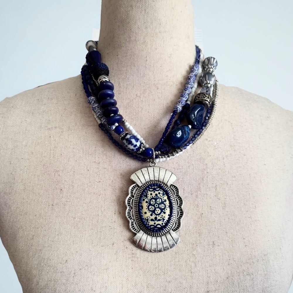 Large Blue & White Beaded Layered Pendant Necklace